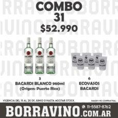 COMBO 31  BACARDI BLANCO 980ML (3) + ECOVASOS (6)