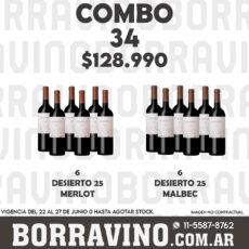 COMBO 34 VINOS  DESIERTO 25: MALBEC (6) + MERLOT (6)