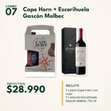 COMBO 07 VINOS  ESTUCHES: ESCORIHUELA G. MALBEC X1 (1) + CAPE HORN +COPA (1)