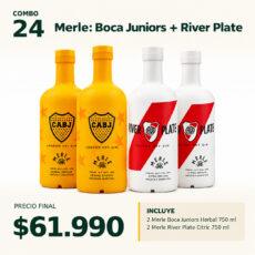 COMBO DESTILADOS 24 — 2 × Gin Merle Boca Juniors Herbal 750 ml, botella amarilla + 2 × Gin Merle River Plate Citric 750 ml, botella blanca