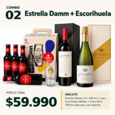 COMBO VINOS Y CERVEZAS 02 — 1 estuche Estrella Damm (4 × 330 ml) con vaso + Escorihuela Gascón Malbec 750 ml y Extra Brut 750 ml, con estuches