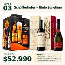 COMBO VINOS Y CERVEZAS 03 — 1 estuche Schöfferhofer (3 × 500 ml) con vaso + Nieto Senetiner Patrimonial Malbec DOC 750 ml y Extra Brut 750 ml, con estuches