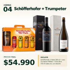 COMBO VINOS Y CERVEZAS 04 — 1 estuche Schöfferhofer (4 latas × 500 ml) con vaso + Trumpeter Malbec 750 ml y Extra Brut 750 ml, con estuches