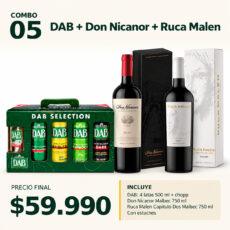 COMBO VINOS Y CERVEZAS 05 — 1 estuche DAB (4 × 500 ml) con chopp + Don Nicanor Malbec 750 ml y Ruca Malen Capítulo Dos Malbec 750 ml, con estuches