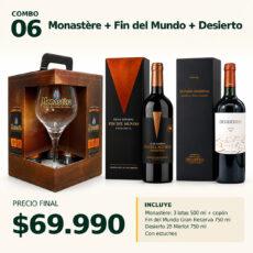 COMBO VINOS Y CERVEZAS 06 — 1 estuche Monastère (3 × 500 ml) con copón + Fin del Mundo Gran Reserva 750 ml y Desierto 25 Merlot 750 ml, con estuches