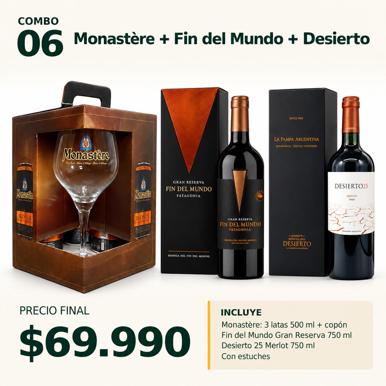 COMBO VINOS Y CERVEZAS 06 — 1 estuche Monastère (3 × 500 ml) con copón + Fin del Mundo Gran Reserva 750 ml y Desierto 25 Merlot 750 ml, con estuches