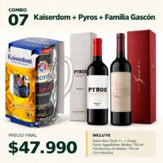 COMBO VINOS Y CERVEZAS 07 — 1 estuche Kaiserdom Dark 1000 ml con chopp + Pyros Appellation Malbec 750 ml y Familia Gascón Malbec 750 ml, con estuches