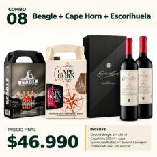 COMBO VINOS Y CERVEZAS 08 — 1 estuche Beagle (3 × 330 ml) + Cape Horn 500 ml con copa + Escorihuela Gascón Cabernet Sauvignon y Malbec (2 × 750 ml), con estuches