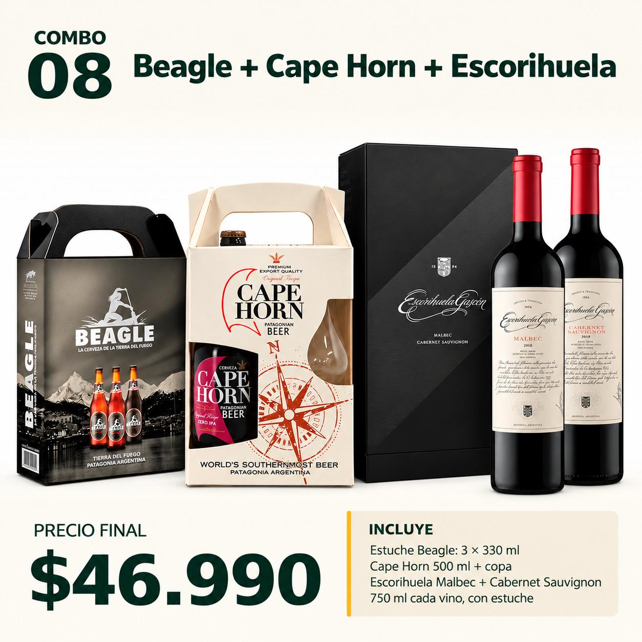COMBO VINOS Y CERVEZAS 08 — 1 estuche Beagle (3 × 330 ml) + Cape Horn 500 ml con copa + Escorihuela Gascón Cabernet Sauvignon y Malbec (2 × 750 ml), con estuches