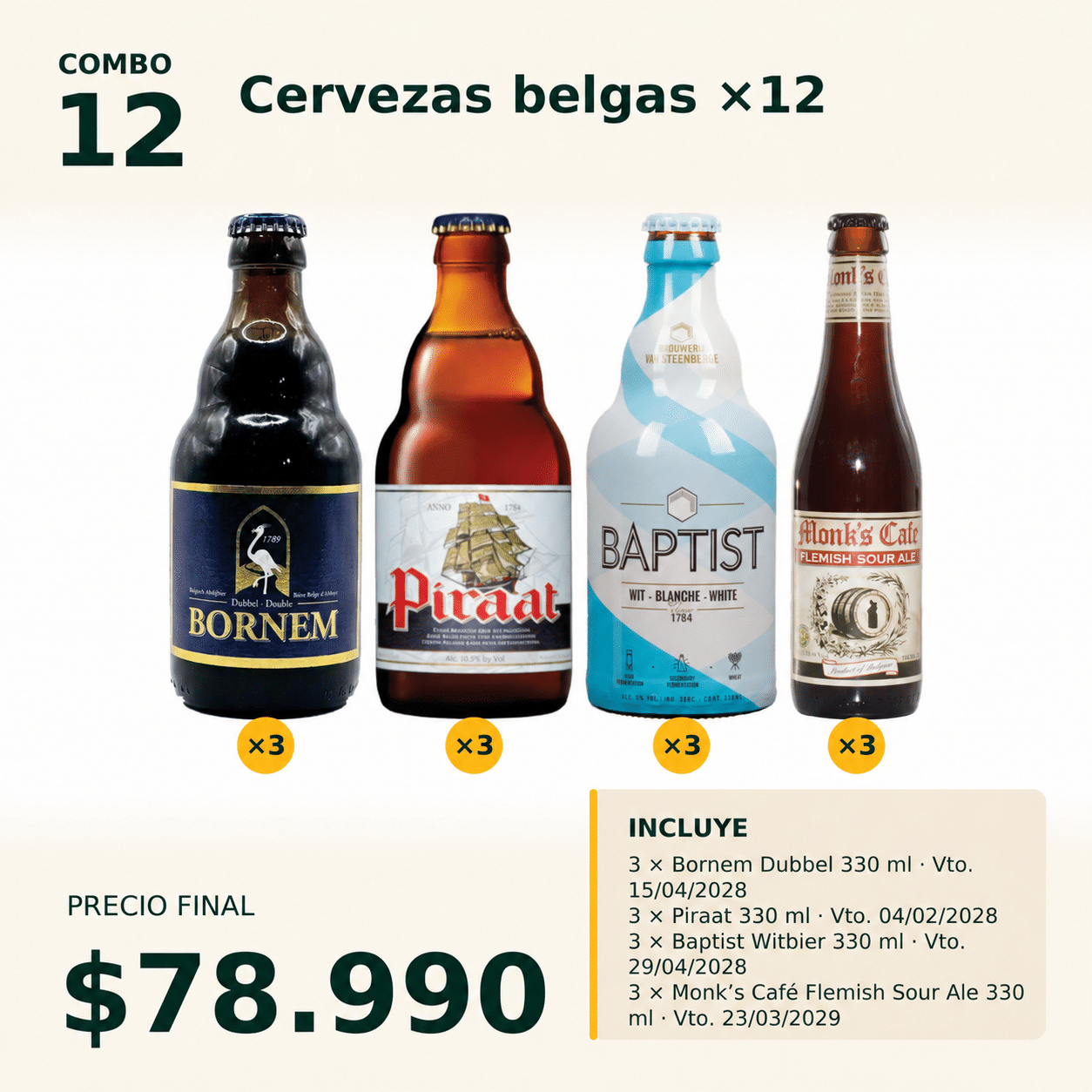 COMBO VINOS Y CERVEZAS 12 — Bornem Dubbel x3 + Piraat x3 + Baptist Witbier x3 + Monk’s Café x3 de 330 ml