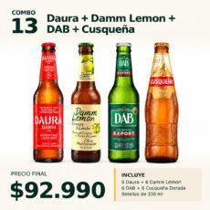 COMBO VINOS Y CERVEZAS 13 — Daura x6 + Damm Lemon x6 + DAB x6 + Cusqueña Dorada x6 de 330 ml