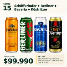 COMBO VINOS Y CERVEZAS 15 — Schöfferhofer Trigo x6 + Berliner x6 + Bavaria Premium x6 + Köstritzer x6 de 500 ml