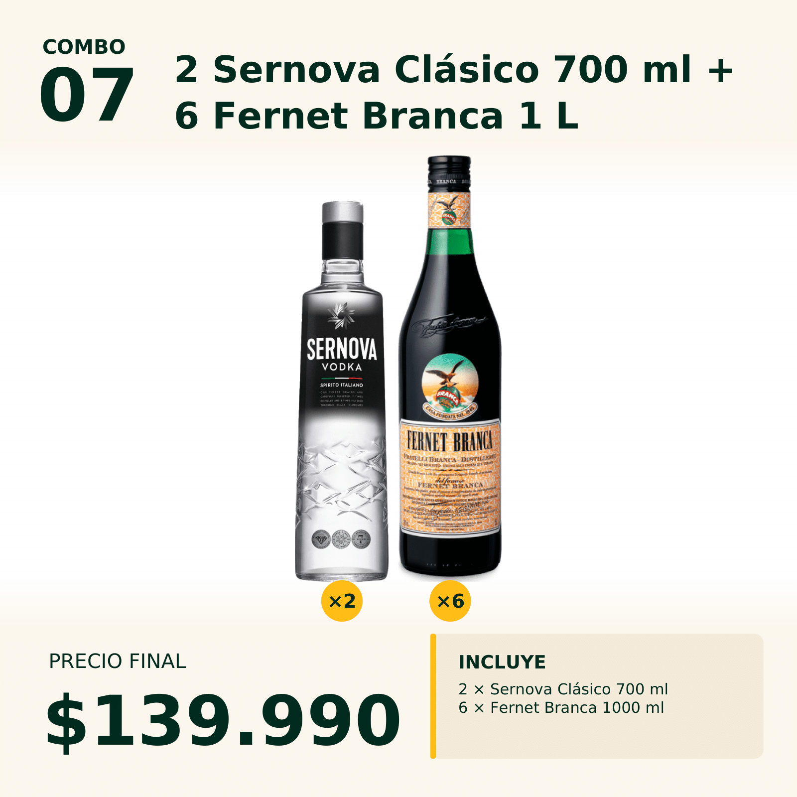Combo 07 Sernova Clásico 700 ml x2 + Fernet Branca 1 Lt.x6