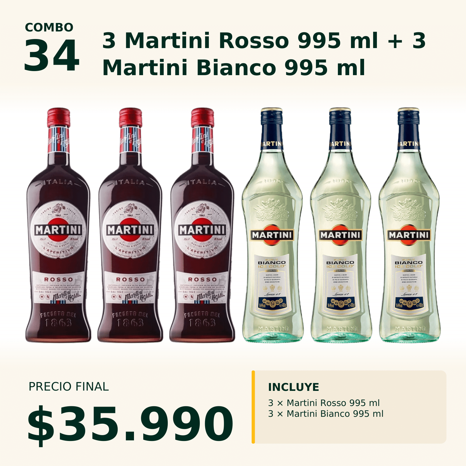 Combo 34 Martini Rosso 995ml x3 + Martini Bianco 995ml x3
