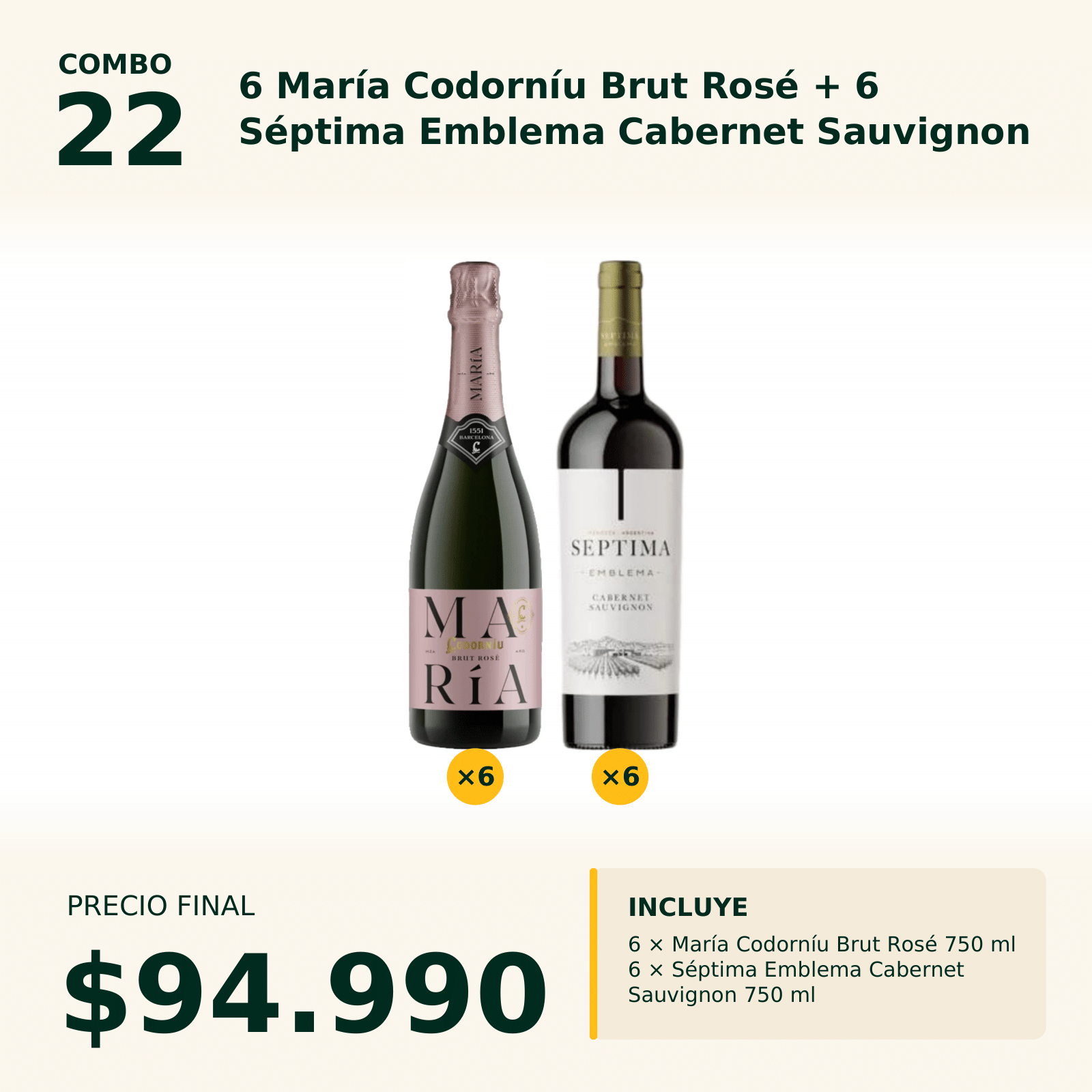 Combo 22 María Codorniu Brut Rose x6 + Septima Emblema Cab. Sauv. x6