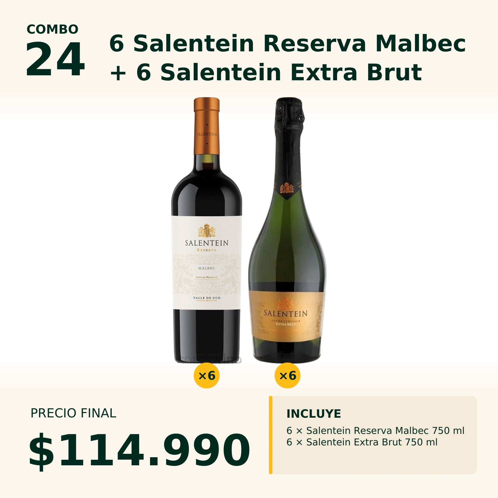 Combo 24 Salentein Reserva Malbec x6 + Salentein Extra Brut x6